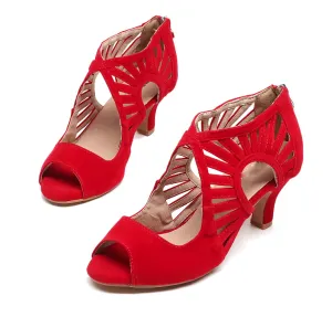 Red Dance Shoes for Ballroom Salsa Bachata Dance Suede Fabric